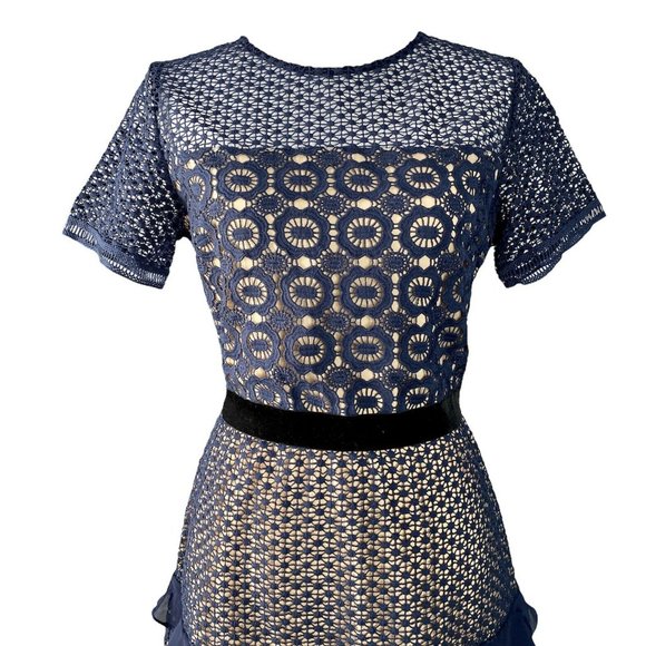 Chelsea28 Velveteen Lace Sheath Dress Ruffles Navy Blue, Medium - Picture 2 of 12